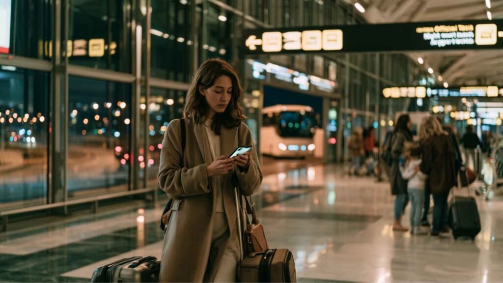 Rome Fiumicino Airport Arrival Guide image showing a traveller checking late-night transport options beside her luggage in the arrivals hall.