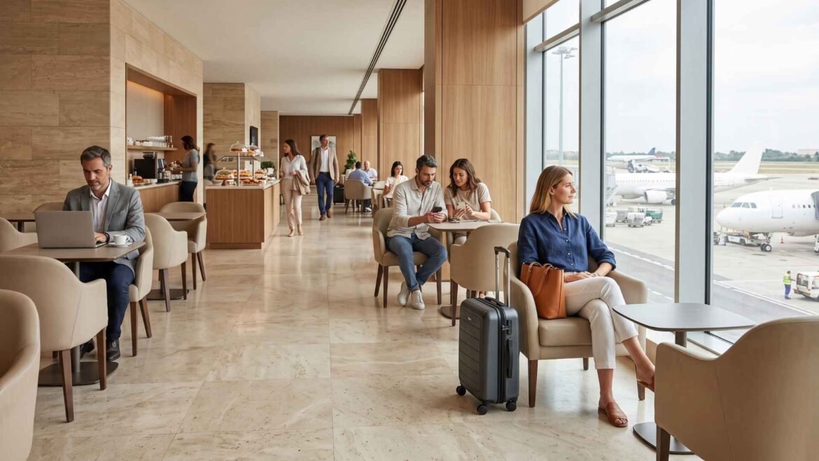 Rome Fiumicino Airport lounges with travellers, buffet and runway views