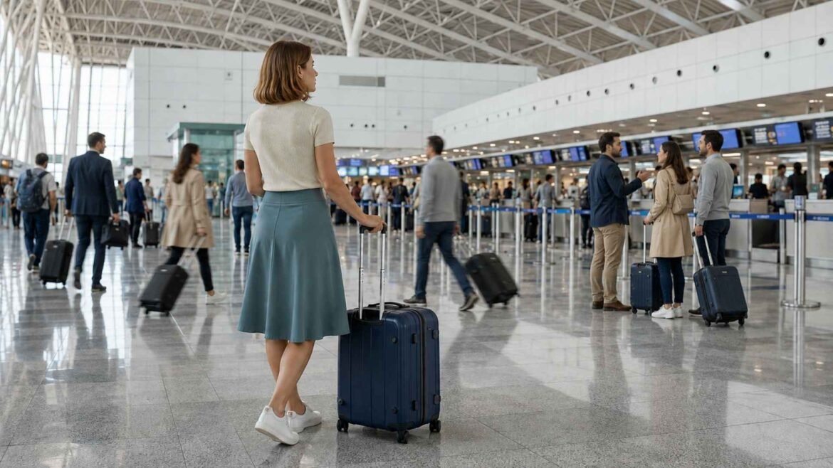 Rome Fiumicino Airport Self-Transfer traveller with checked luggage inside a busy departures and check-in hall