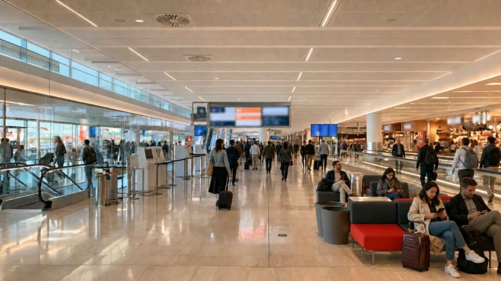Rome Fiumicino Airport Guide showing passengers moving between terminal levels and boarding areas at FCO