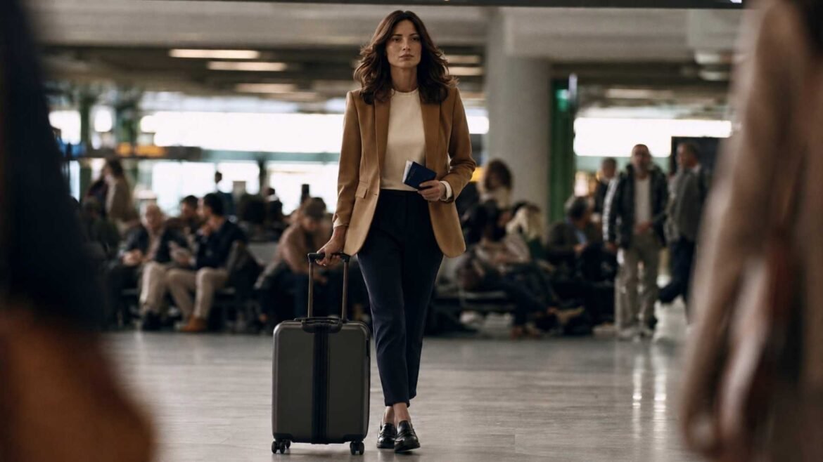 Rome Fiumicino Airport transit passenger following the Connections route with her passport, boarding pass and cabin suitcase