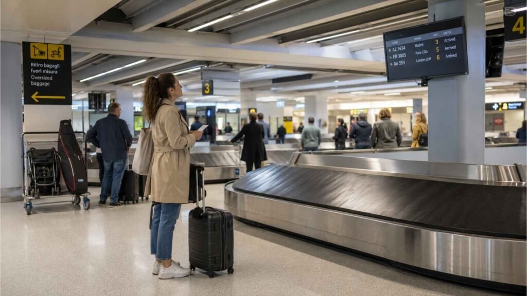 Rome Fiumicino Airport Arrival Guide image showing a traveller checking the flight screen to find the correct baggage reclaim carousel.