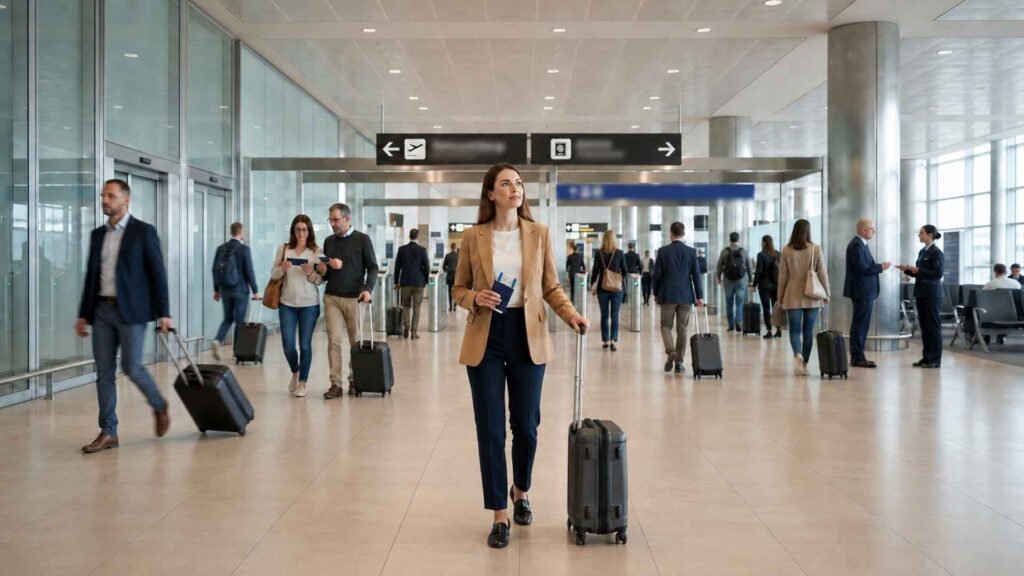Rome Fiumicino Airport transit passenger checking signs to choose the correct connection route