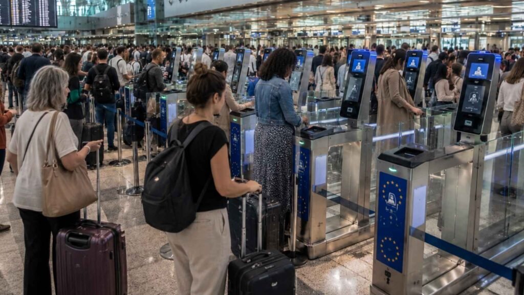 Rome Fiumicino Airport Arrival Guide image showing travellers completing EES registration at automated passport control gates.