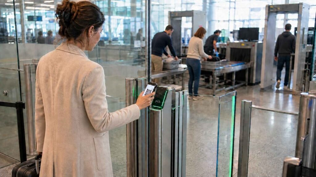 Rome Fiumicino Airport Fast Track passenger scanning a QR code at the priority security entrance
