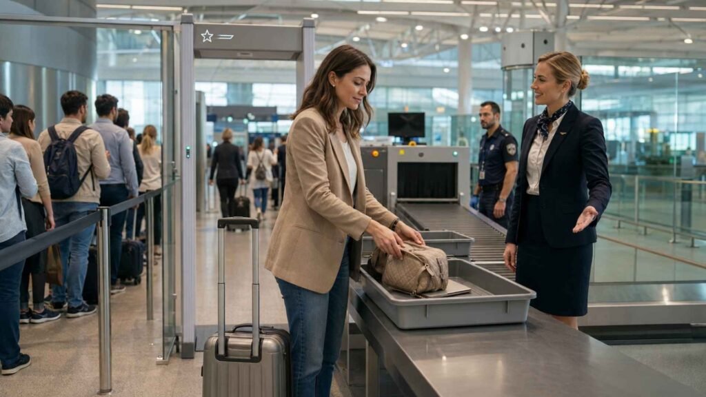 Rome Fiumicino Airport Fast Track passenger placing her bag in a security tray before departure