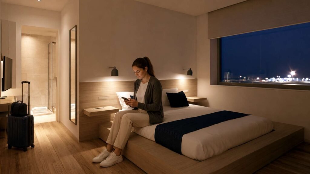 Traveller preparing to rest in an airport room during an overnight layover at Rome Fiumicino