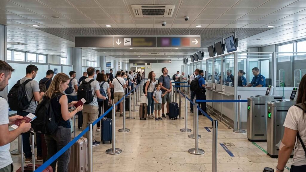 Rome Fiumicino Airport Guide showing arriving passengers queuing for staffed passport control and electronic gates