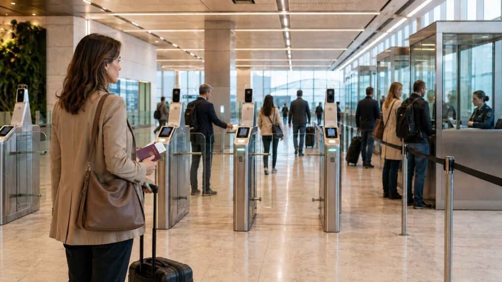 Rome Fiumicino Airport passport control with a traveler approaching biometric eGates before a non-Schengen flight