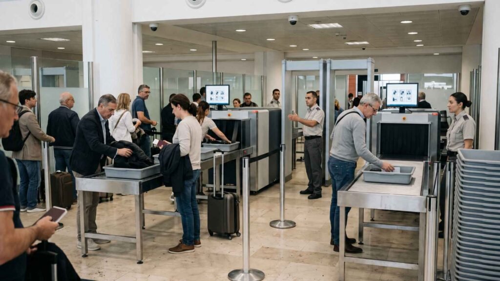 Rome Fiumicino Airport Guide showing passengers preparing trays at a modern security screening checkpoint