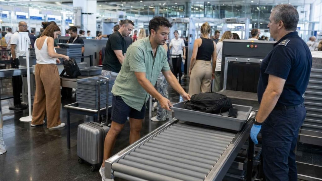Rome Fiumicino Airport Self-Transfer traveller placing belongings in an X-ray tray during security screening