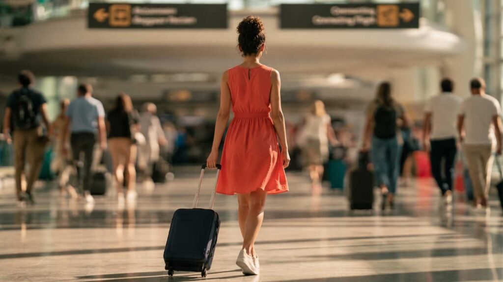 Rome Fiumicino Airport Self-Transfer traveller walking beneath arrivals and flight connection signs with a cabin suitcase