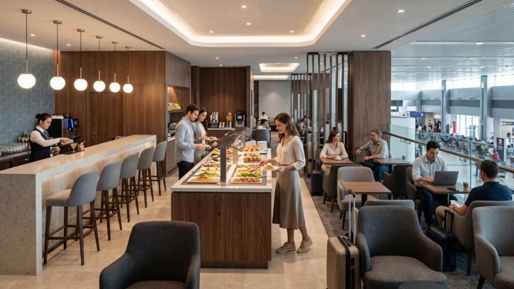 Travellers using the buffet inside a Rome Fiumicino Terminal 1 airport lounge