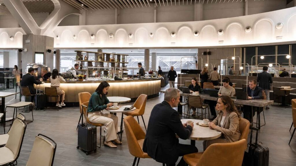 Travellers relaxing inside a Rome Fiumicino Terminal 3 lounge in Boarding Area E