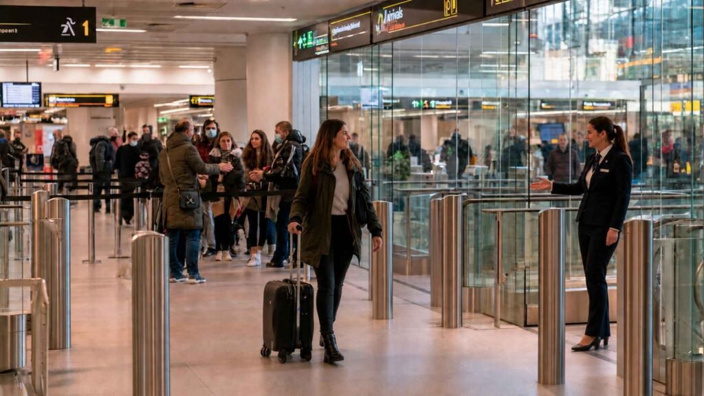 Rome Fiumicino Airport Arrival Guide image showing a traveller meeting a female representative in the Terminal 3 public arrivals hall.