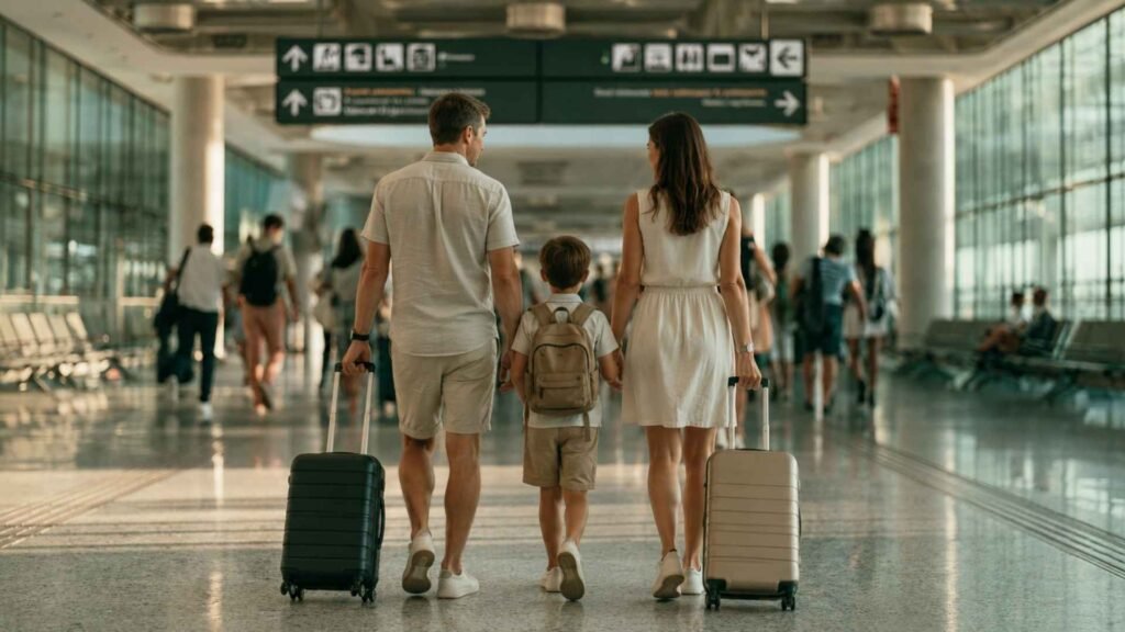Rome Fiumicino Airport Self-Transfer family walking with luggage through the corridor between Terminal 1 and Terminal 3