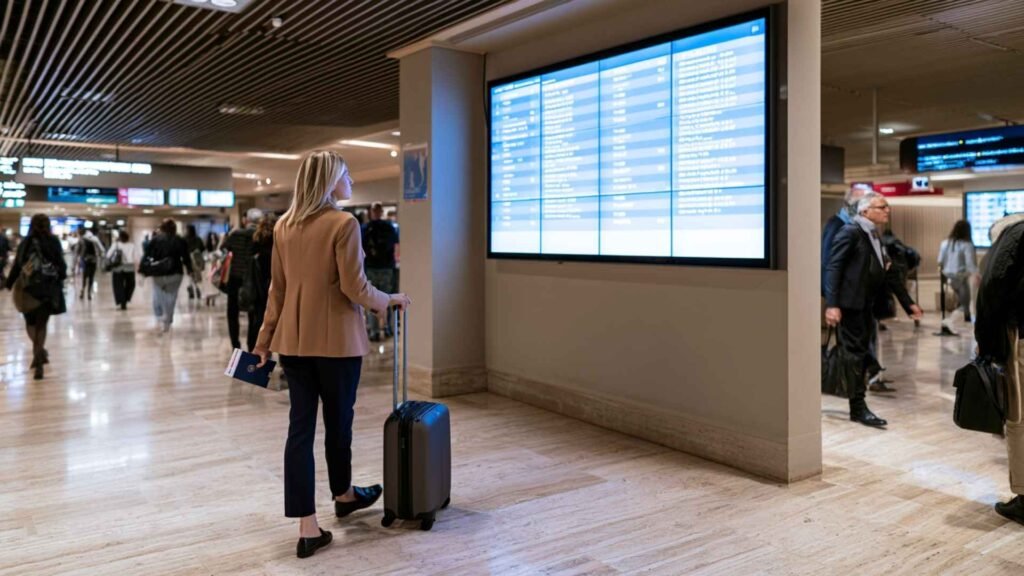 Rome Fiumicino Airport transit passenger checking the flight information screen before proceeding to her connecting gate