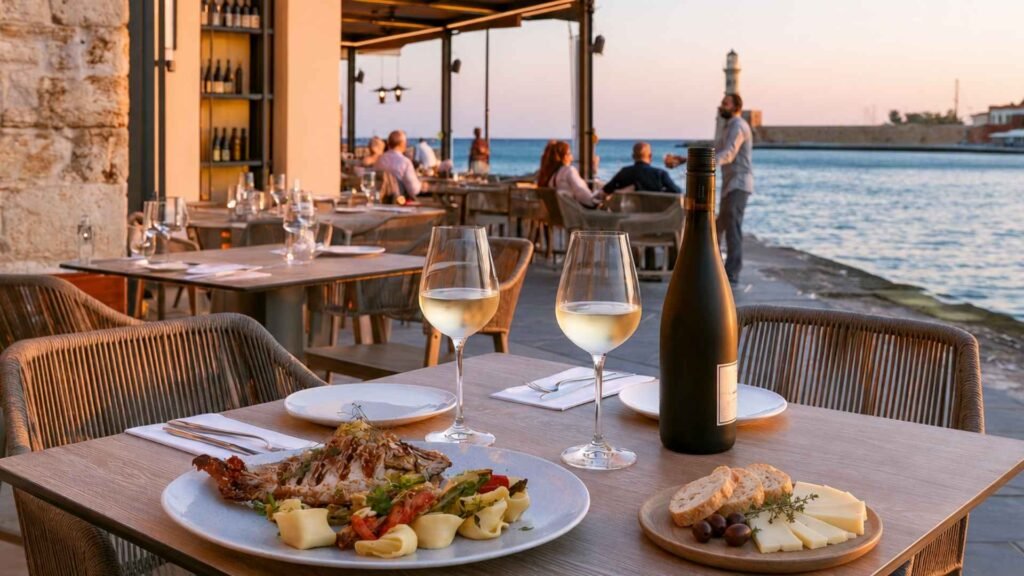 Salis-inspired waterfront dining with fresh fish, Cretan cheese and white wine beside Chania Old Harbour