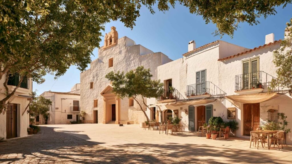Sant Joan de Labritja in northern Ibiza with its whitewashed church, quiet village square, café tables and traditional buildings