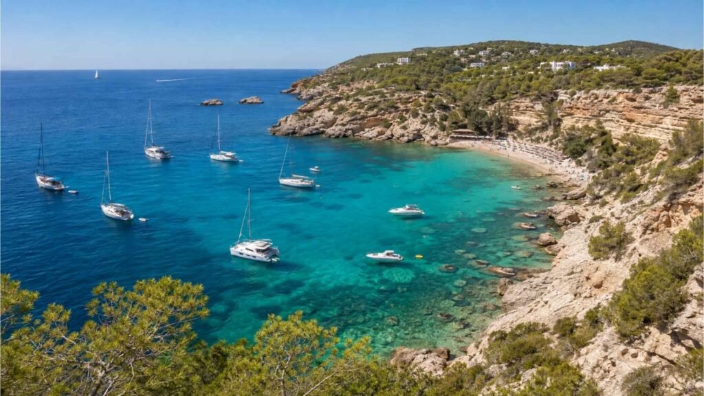 Alt metin: Sant Josep de sa Talaia in Ibiza with a sheltered turquoise cove, limestone cliffs, anchored boats and a compact beach