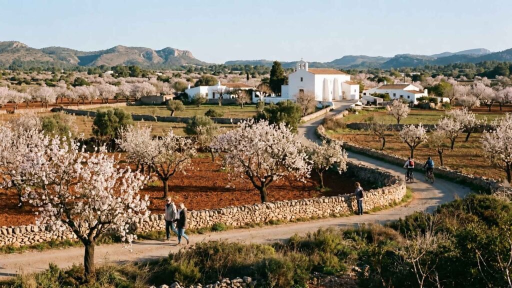 Santa Agnès de Corona in Ibiza with flowering almond trees, red soil, stone walls and its whitewashed village church