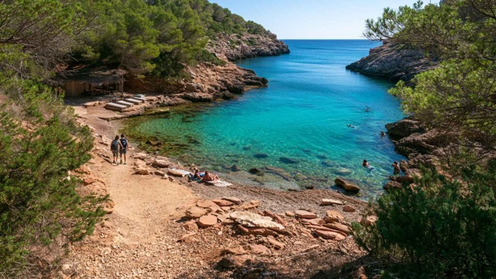 S’Estanyol in Ibiza with a forest path, clear blue water, rocky shoreline and visitors hiking and swimming