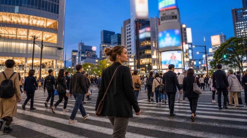 International traveler crossing a busy Shibuya intersection in Tokyo during the early evening