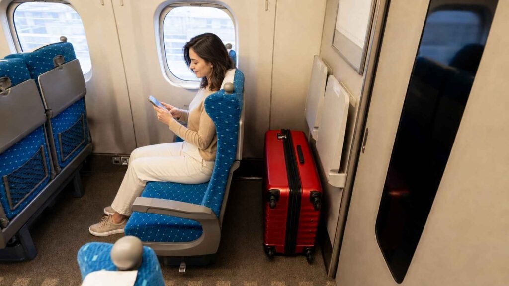 Female passenger using her phone with a large red suitcase stored behind her reserved final-row Shinkansen seat