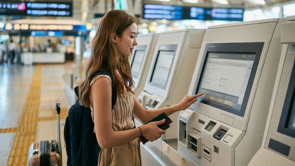 Female traveler buying a Shinkansen ticket from a self-service machine at a Japanese railway station