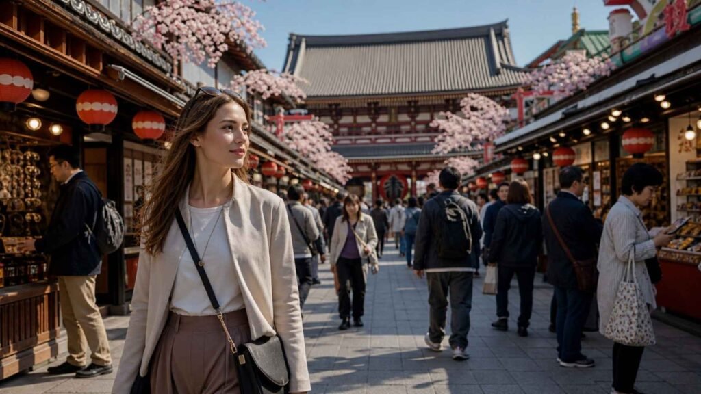 Traveler exploring Asakusa in Tokyo during Japan’s spring cherry blossom season