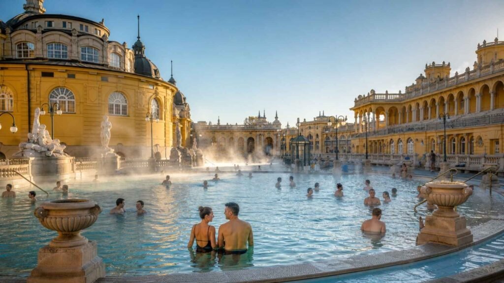 Széchenyi Thermal Bath experience with a large outdoor thermal pool and Neo-Baroque architecture in Budapest