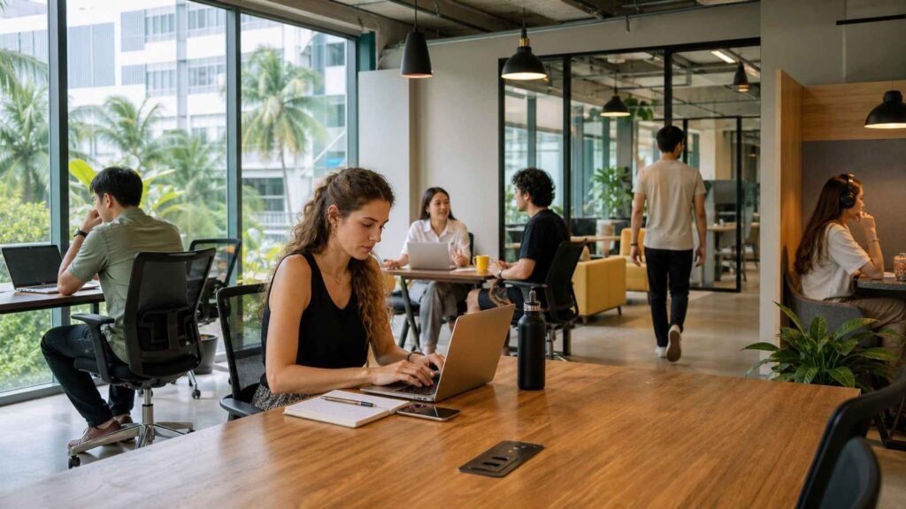Digital nomad working in a modern coworking space in Thailand with other remote workers