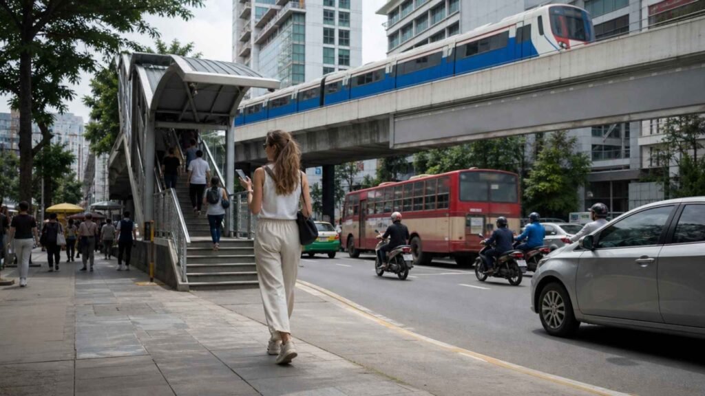 Digital nomad walking toward public transport in Bangkok with a BTS train, bus and motorbikes nearby