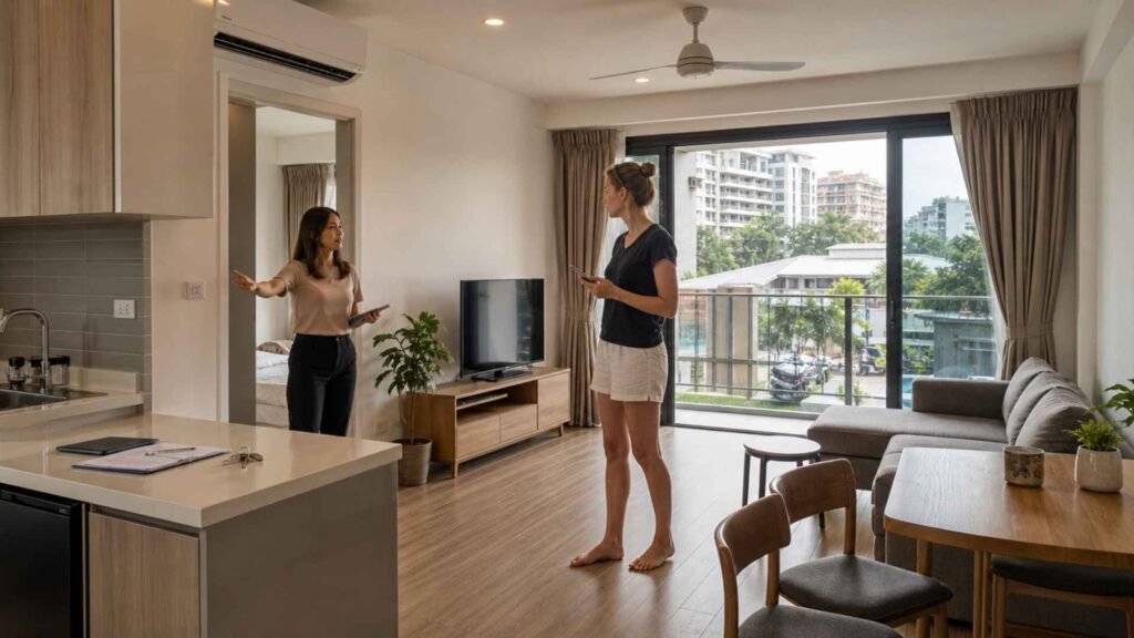 Digital nomad viewing a long-term rental apartment in Thailand with a local property agent