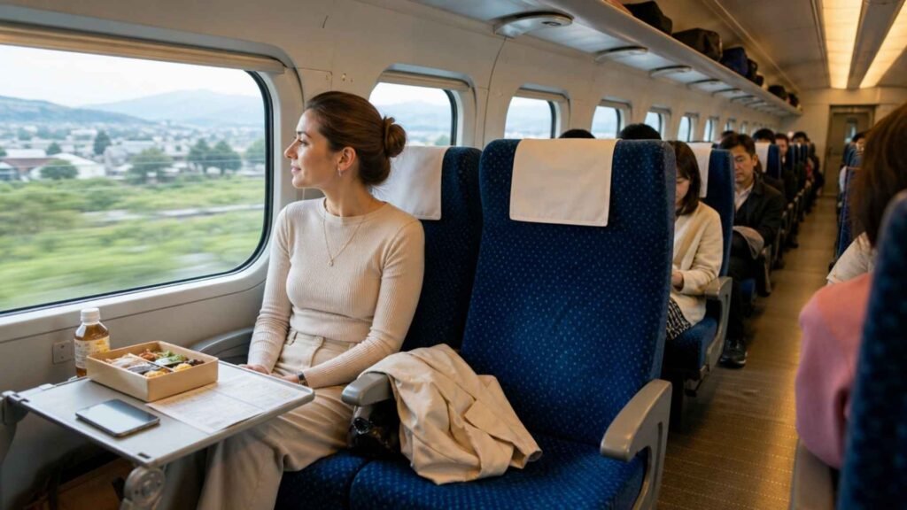 Traveler riding the Shinkansen from Tokyo to Kyoto during a 10-day Japan itinerary