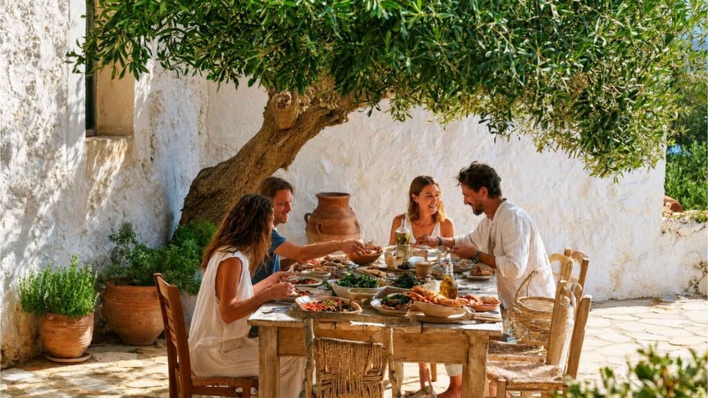 Traditional Cretan food including dakos, wild greens, local cheese and handmade dishes shared in a sunny stone courtyard.