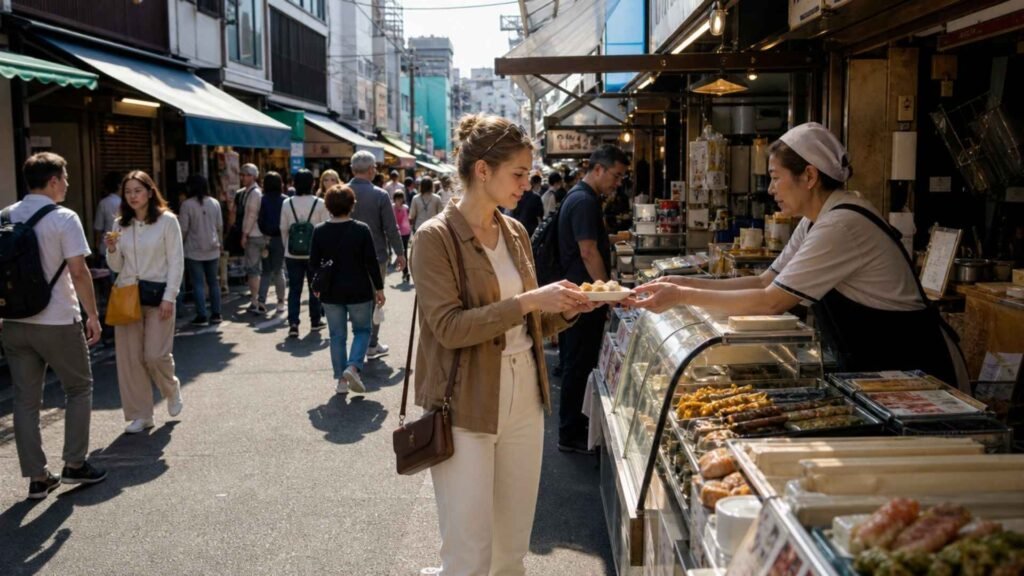 International traveler exploring food stalls at Tsukiji Outer Market in Tokyo