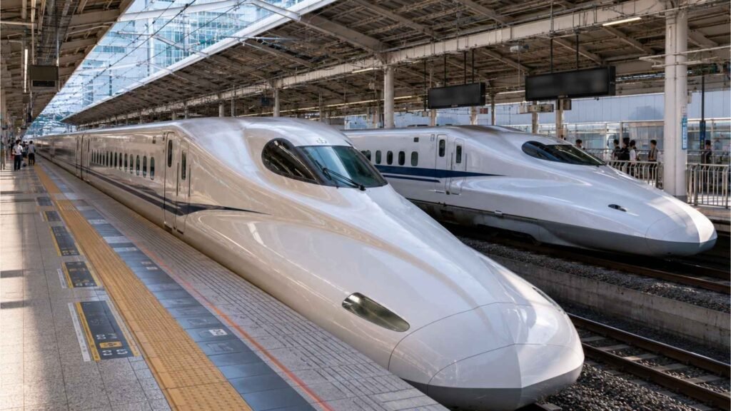 Two Shinkansen trains with different aerodynamic designs waiting on separate platforms at a Japanese railway station