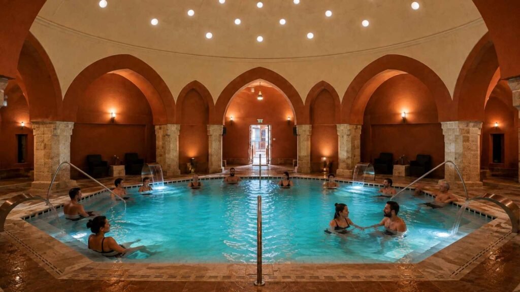 Veli Bej Bath experience with a turquoise thermal pool and restored Ottoman-style architecture in Budapest