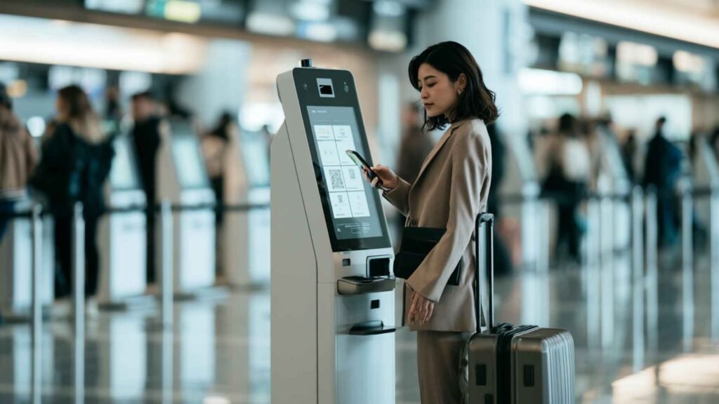 Visit Japan Web airport kiosk used by an international traveler holding her phone and passport after arriving in Japan
