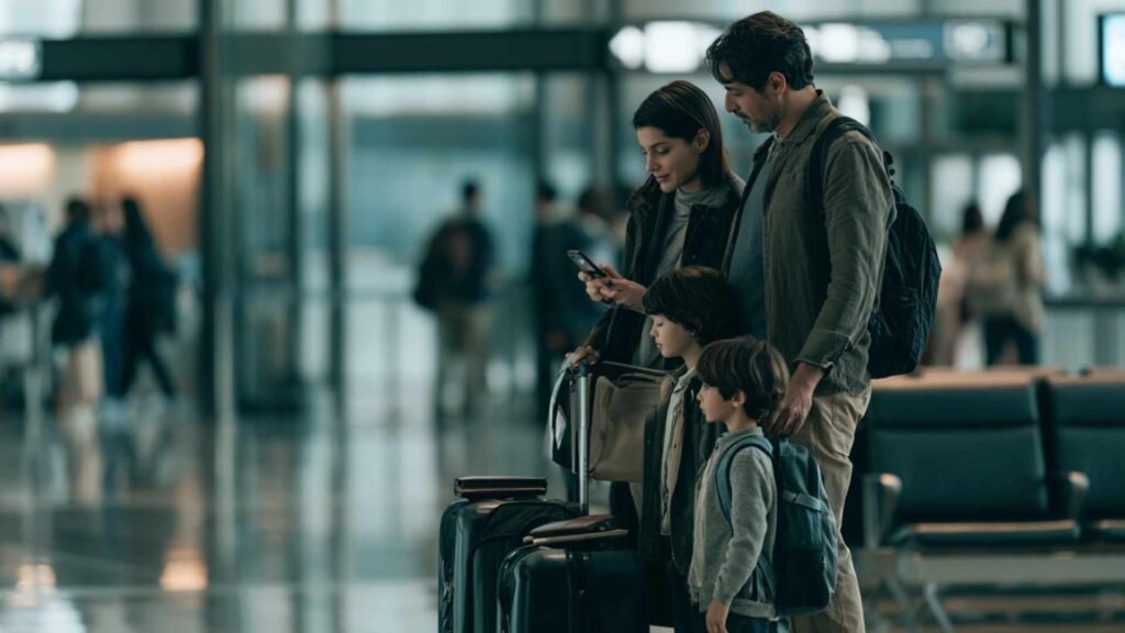 Visit Japan Web family registration as parents check separate arrival records with their children at a Japanese airport