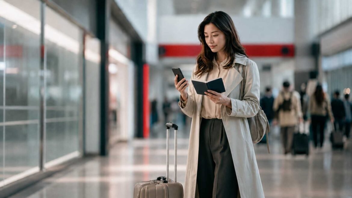 Visit Japan Web guide traveler checking her phone while holding a passport at a Japanese international airport