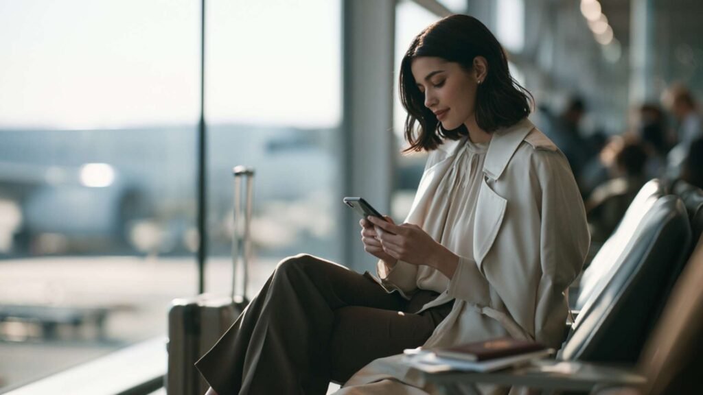 Visit Japan Web QR code preparation as a traveler checks her phone beside her passport and suitcase before flying to Japan