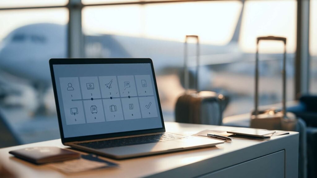 Visit Japan Web registration shown as a nine-step process on a laptop beside a passport and suitcase at the airport