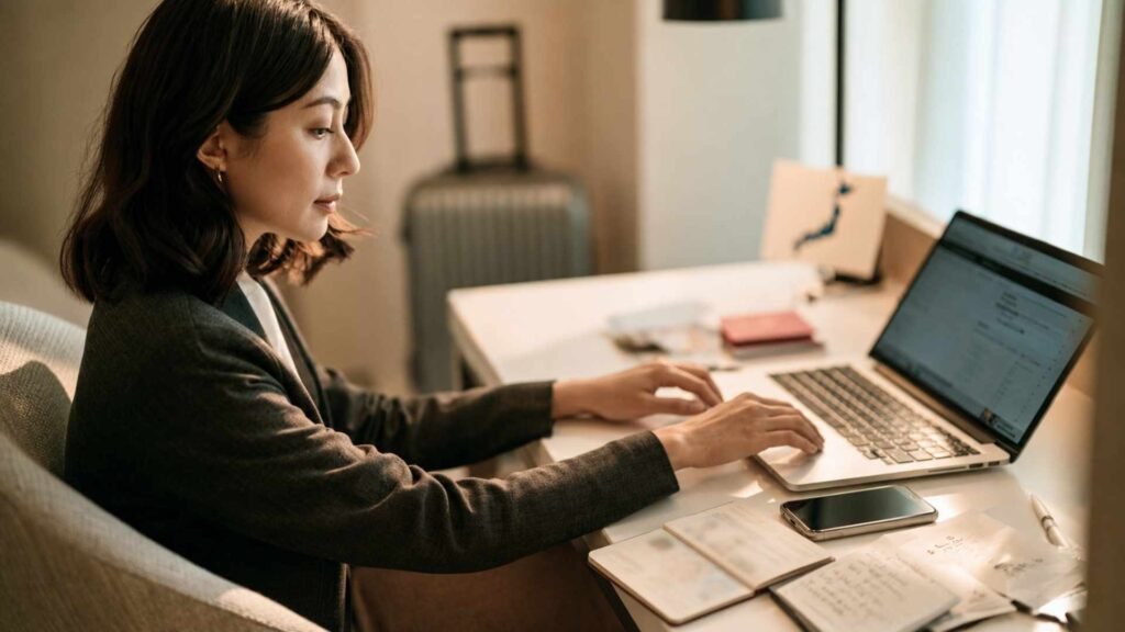 Visit Japan Web registration preparation with a traveler using a laptop beside her open passport and travel documents