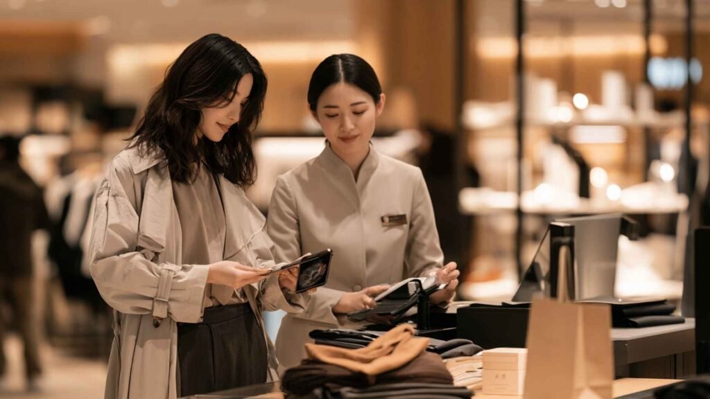 Visit Japan Web tax-free shopping process as an international traveler presents her phone and passport at a Japanese store checkout