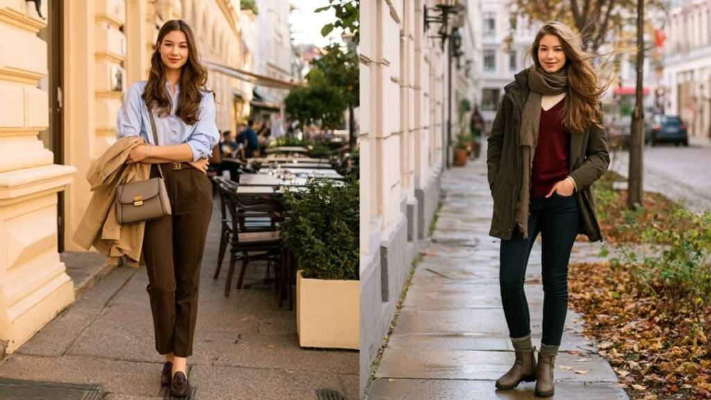 Two fall travel outfits showing lighter and warmer capsule wardrobe layers for different parts of Europe
