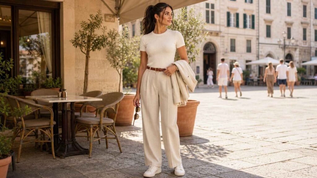 Woman in an ivory short-sleeve knit and pleated trousers carrying a lightweight blazer at a sunny Southern European café