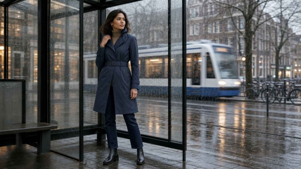 Woman in a navy waterproof trench, dark jeans and Chelsea boots at a rainy European tram stop