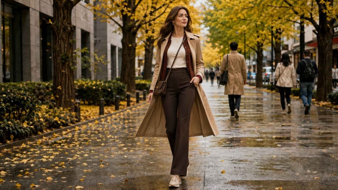 What to wear in Japan in fall: woman in a camel trench coat, burgundy cardigan and tailored trousers on a Tokyo ginkgo-lined street